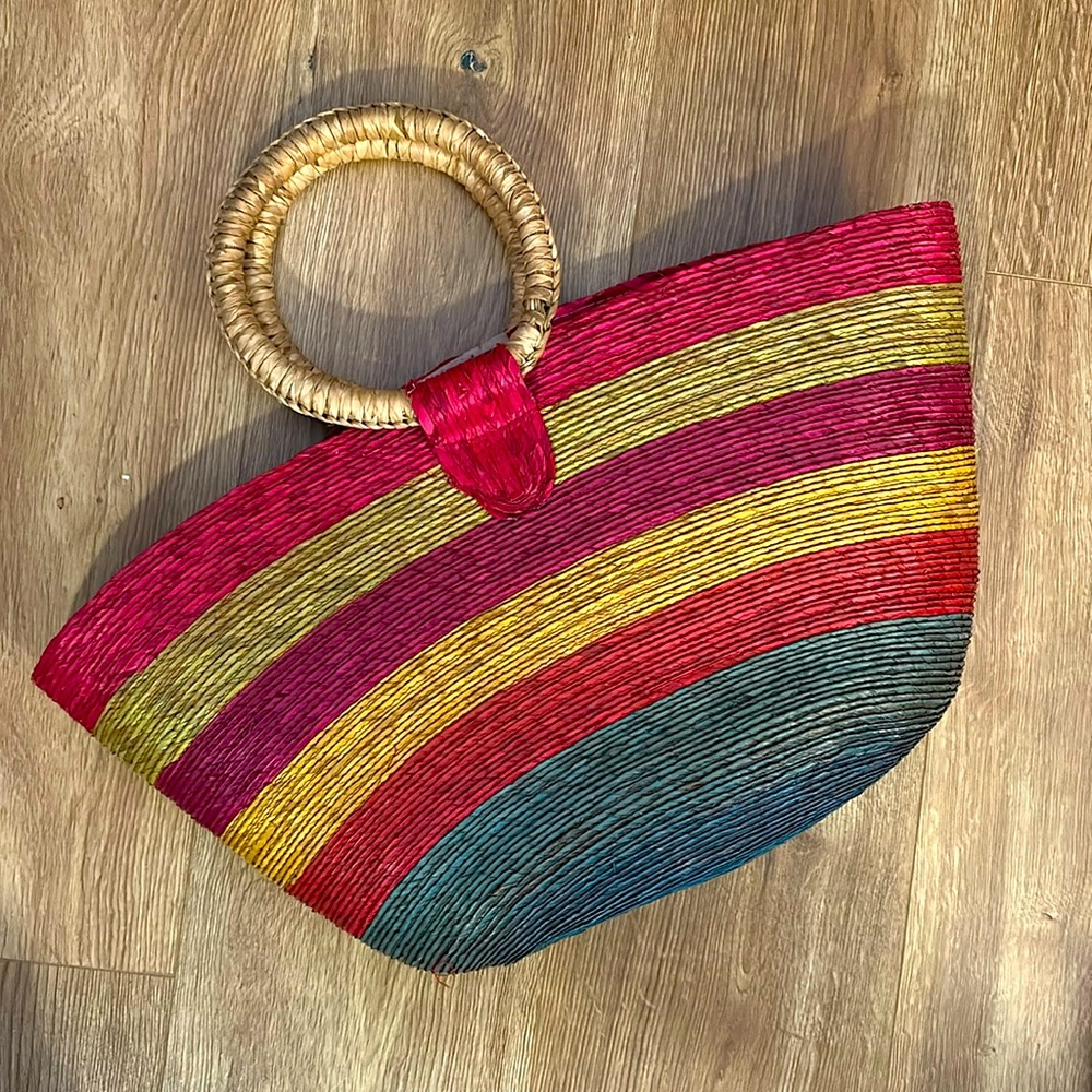 Vintage Colorful Straw Beach / Market Bag